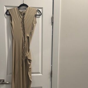 PrettyLittleThing Shape Taupe Slinky Cut Out Lace Up Split Maxi Dress